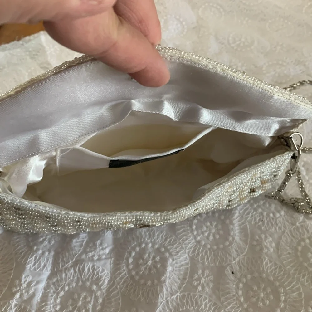 Moni Couture stunning ivory bronze beaded clutch shoulder evening formal bag EUC